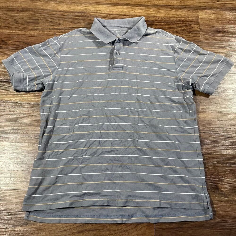 Eddie Bauer Pima Cotton Polo Short Sleeve Shirt Gray Striped Mens Size Large